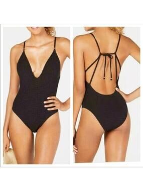 Lucky Brand Womens Shoreline Chic Plunge One Piece Strappy Swimsuit Black NWT M